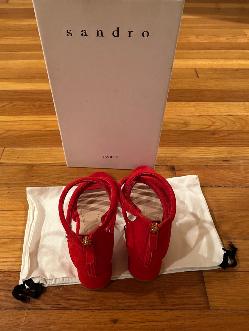 SANDRO Tessa Red Suede Caged Chunky Heel Sandals - Picture 3 of 6